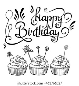 Hand drawn Happy Birthday card. Vector illustration. Sketch with lettering. Decorative elements.