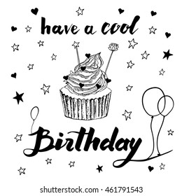 Hand drawn Happy Birthday card. Vector illustration. Lettering with Decorative elements.