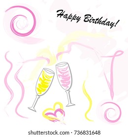 hand drawn happy birthday card vector with champagne glasses