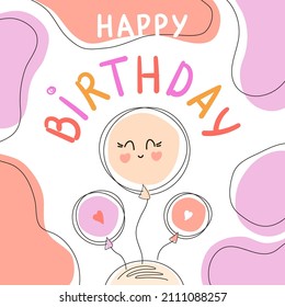 Hand drawn happy birthday cards in creamy colors with cute balloons. Vector illustration.