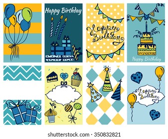 Hand drawn Happy birthday collection with cake, party elements, decoration, garland, tissue, balls, tube, doodle elements for invitation