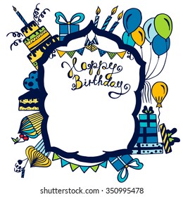 Hand drawn Happy birthday collection with cake, party elements, decoration, garland, tissue, balls, tube, doodle elements for invitation