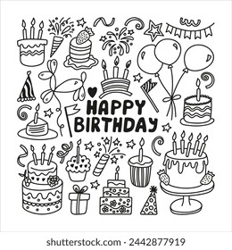 Hand drawn Happy birthday doodle set with fireworks, cake, candles, air balloon, flags and confetti