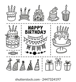 Hand drawn Happy birthday doodle set, cake with candles, garlands, party hat, and gift boxes