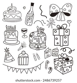 Hand drawn Happy birthday doodle set with fireworks, cake, candles, air balloon, flags and confetti