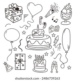 Hand drawn Happy birthday doodle set with fireworks, cake, candles, air balloon, flags and confetti