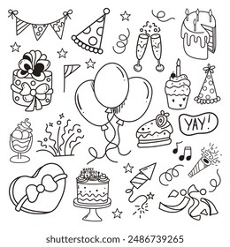 Hand drawn Happy birthday doodle set with fireworks, cake, candles, air balloon, flags and confetti