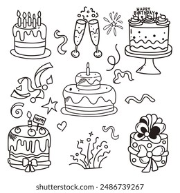 Hand drawn Happy birthday doodle set with fireworks, cake, candles, air balloon, flags and confetti