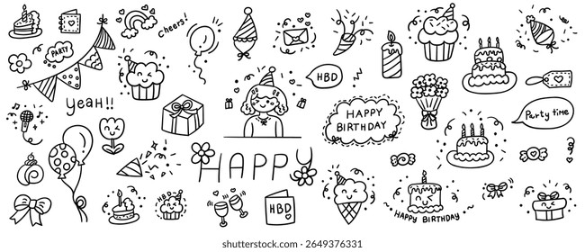 Hand drawn happy birthday element line doodle concept set. Illustration vector design.