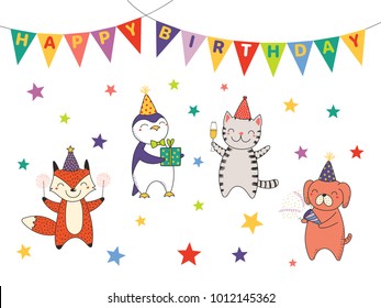 Hand drawn Happy Birthday greeting card, banner template with cute funny cartoon animals celebrating, typography. Isolated objects on white background. Vector illustration. Design concept for party.