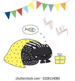 Hand drawn Happy Birthday greeting card with cute funny cartoon cat sleeping under blanket, dreaming of fish, text. Isolated objects on white background. Vector illustration. Design concept for kids.