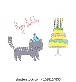 Hand drawn Happy Birthday greeting card with cute funny cartoon cat in a party hat, cake on a cake stand, text. Isolated objects on white background. Vector illustration. Design concept for kids.