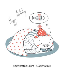Hand drawn Happy Birthday greeting card with cute funny cartoon cat sleeping on a rug, dreaming of fish, text. Isolated objects on white background. Vector illustration. Design concept for kids.