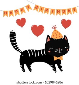 Hand drawn Happy Birthday greeting card with cute funny cartoon cat with a in a party hat, bow tie, with bunting, text. Isolated objects on white background. Vector illustration. Design concept kids.