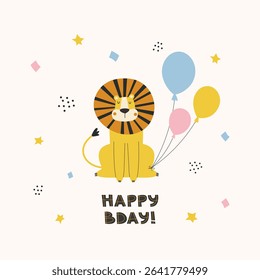 Hand drawn happy birthday greeting card with cute lion, balloons and colorful confetti.