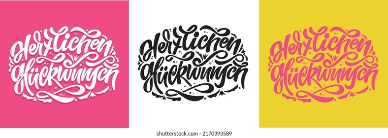 Hand drawn Happy Birthday lettering quote in German - Congratulations. Inspiration slogan for greeting card, print and poster design. Cool for t-shirt and mug printing.