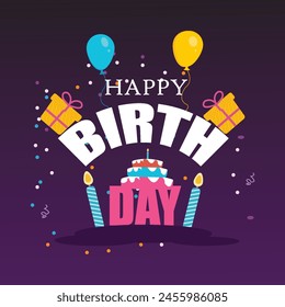 Hand drawn happy birthday lettering with balloons confetti cake and candles on purple background