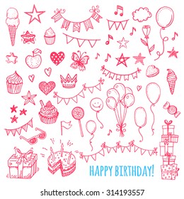 Hand drawn happy birthday party icons. Cakes, sweets, balloons, bunting flags.