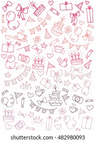 Hand drawn happy birthday party icons. Vector Illustration