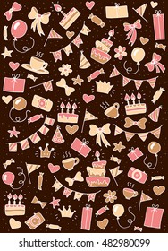 Hand drawn happy birthday party icons. Vector Illustration