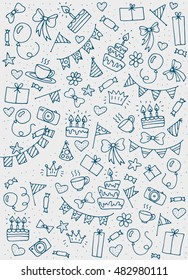 Hand drawn happy birthday party icons. Vector Illustration