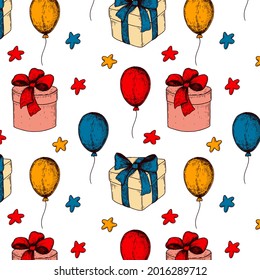 Hand drawn happy Birthday seamless pattern. Vector illustration in colored sketch style