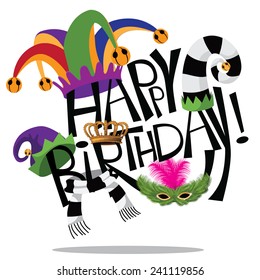 Hand Drawn Happy Birthday With Silly Hats And Mask EPS 10 Vector Illustration