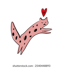 Hand drawn happy Birthday or Valentine card with funny pink leopard cat with heart. Vector clipart illustration. Isolated on white background. Good for posters, t shirts, postcards, mugs, branding.