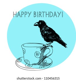 Hand drawn happy birthday vector crow for birthday invitation, card or anything else