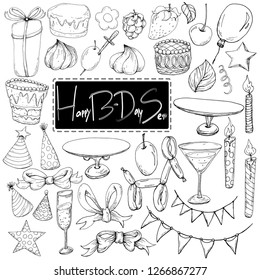 hand drawn happy birthday vector set isolated for your design black on white