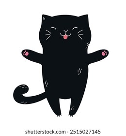 Gato negro feliz dibujado a mano abre los brazos para el abrazo. Gato lindo del doodle aislado en el fondo blanco. Ilustración vectorial