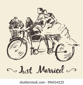Hand drawn happy bride and groom riding bicycle, vector illustration, sketch