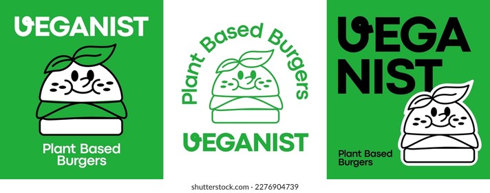 Hand Drawn Happy Burger Logo Mascot Cartoon. Plant based burger for diet, vegan, vegetarian hamburger, logo glyph icon template