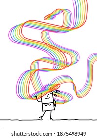 Hand drawn Happy Carton girl with long Rainbow Hairs Around