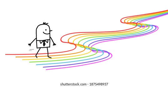 Hand drawn Happy Carton man Walking on Rainbow lines Path