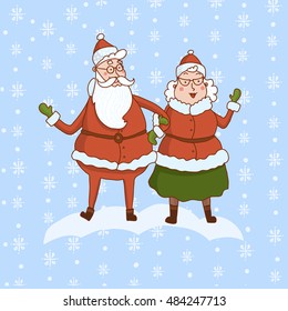 Hand drawn happy cartoon Mr and Mrs Claus. Merry Christmas and New Year symbols. Fun Xmas holiday character. Vector illustration of cute Santa Claus with his wife.