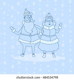 Hand drawn happy cartoon Mr and Mrs Claus. Merry Christmas and New Year symbols. Fun Xmas holiday character. Vector illustration of cute Santa Claus with his wife.