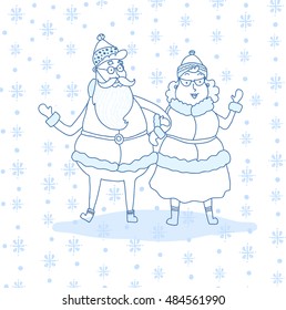 Hand drawn happy cartoon Mr and Mrs Claus. Merry Christmas and New Year symbols. Fun Xmas holiday character. Vector illustration of cute Santa Claus with his wife.