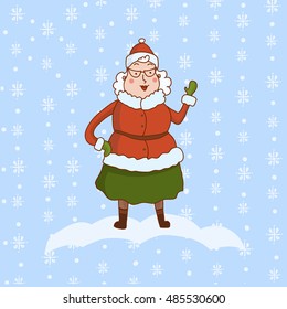 Hand drawn happy cartoon Mrs Claus. Merry Christmas and New Year symbol. Fun Xmas holiday character. Vector illustration of cute Santa Claus wife on flakes background.