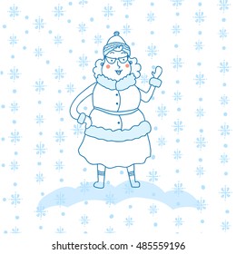 Hand drawn happy cartoon Mrs Claus. Merry Christmas and New Year symbol. Fun Xmas holiday character. Vector illustration of cute Santa Claus wife on flakes background.