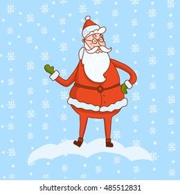 Hand drawn happy cartoon Santa Claus. Merry Christmas and New Year symbol. Fun Xmas holiday character. Vector illustration of cute Santa Claus on flakes background.