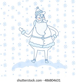 Hand drawn happy cartoon Santa Claus. Merry Christmas and New Year symbol. Fun Xmas holiday character. Vector illustration of cute Santa Claus on the background of snowflakes.