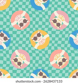 Hand drawn happy cats with sunglasses in swim rings in a checkered teal green blue pool