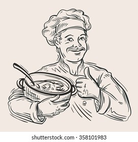 Hand Drawn Happy Chef With Pan In Hand. Vector Illustration