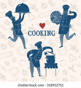 Hand drawn happy chefs set with doodle meal on seamless background.Cook illustration for your design