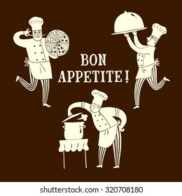 Hand drawn happy chefs set with title.Cook illustration for your design
