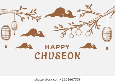 hand drawn happy chuseok background illustration vector design with trees and lanterns