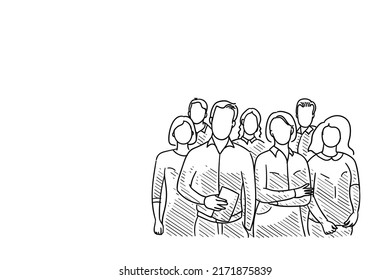 Hand drawn of happy and confidence group of worker. Sketch vector illustration design.