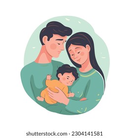 Hand Drawn Happy Couple Parents Hugs Their Newborn Vector Cartoon Style Illustration