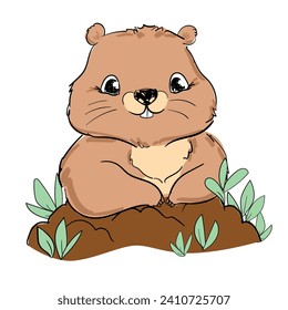 Hand Drawn Happy Cute Groundhog Day vector illustration, groundhog waking up and coming out of his burrow, 2 February 